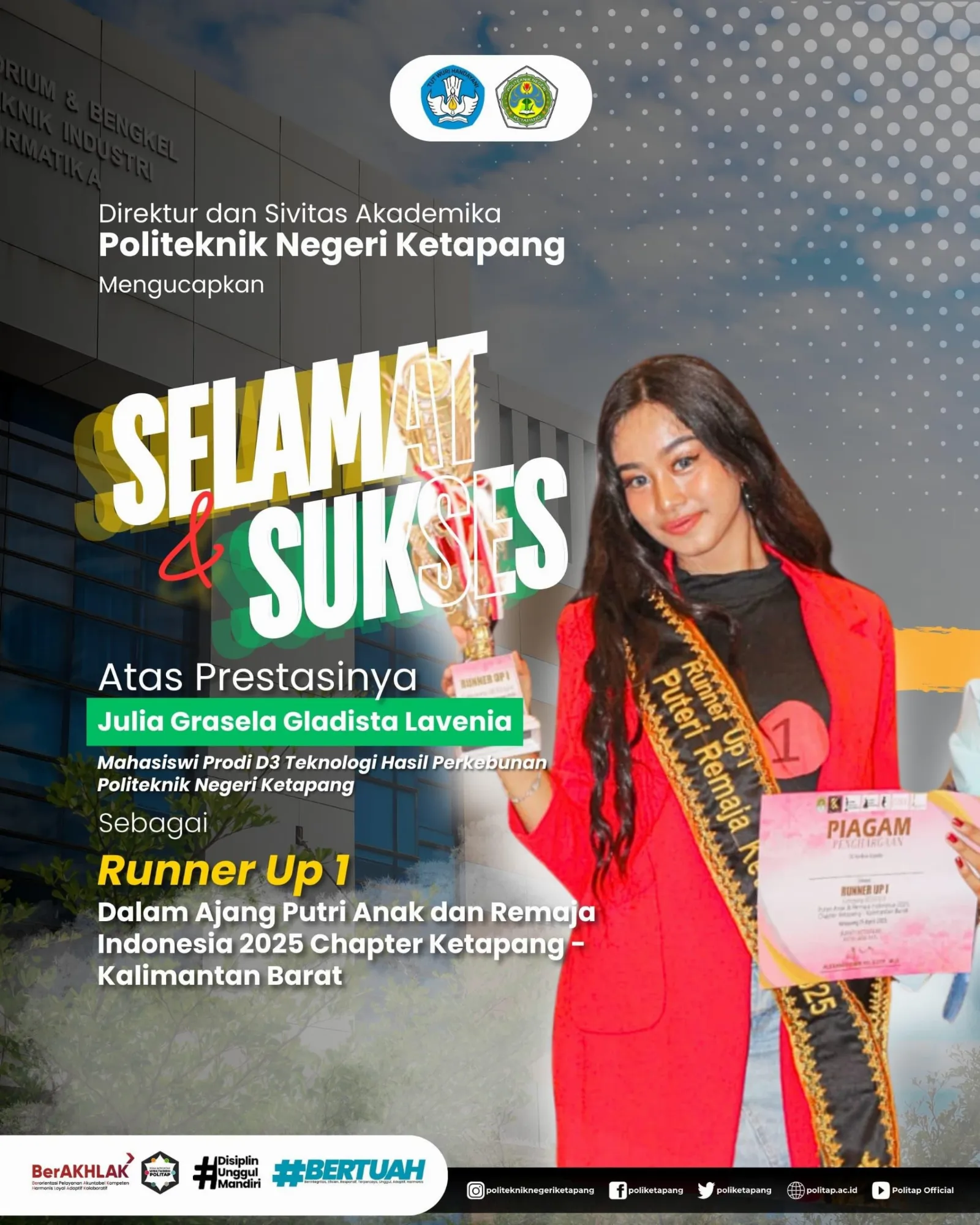 Julia Grasela Gladista Lavenia Banggakan Politap: Raih Runner Up 1 di Ajang Putri Anak dan Remaja Indonesia 2025