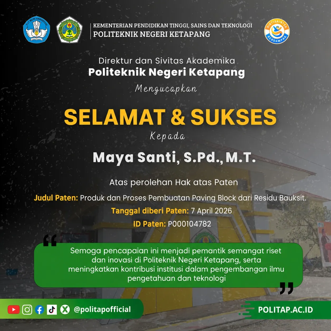 Dosen POLITAP Raih Hak Paten atas Inovasi Pembuatan Paving Block dari Residu Bauksit